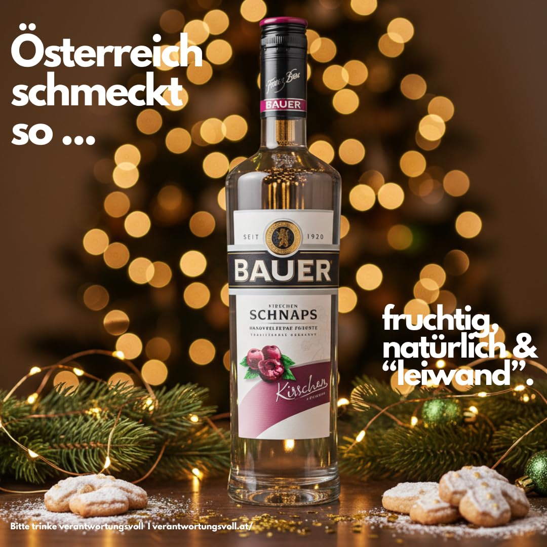 Bauer Kirschschnaps - Der fruchtige Klassiker für besondere Genussmomente - Obstbrände aus Österreich seit 1920 - Kirschen Schnaps Geschenk Idee (1 x 0,7L)