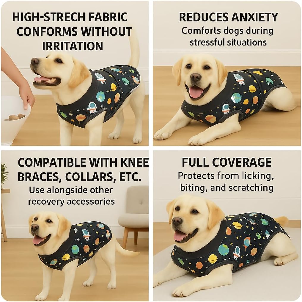 PetWarm Dog Neuter Recovery, Dog Dress's Inner Clothes Surgical Recovery Pajamas Bodysuit for Abdominal Affected Areas Sensitive Skin Areas, Pet Suit Soft, Satellite Pattern, Black, XL