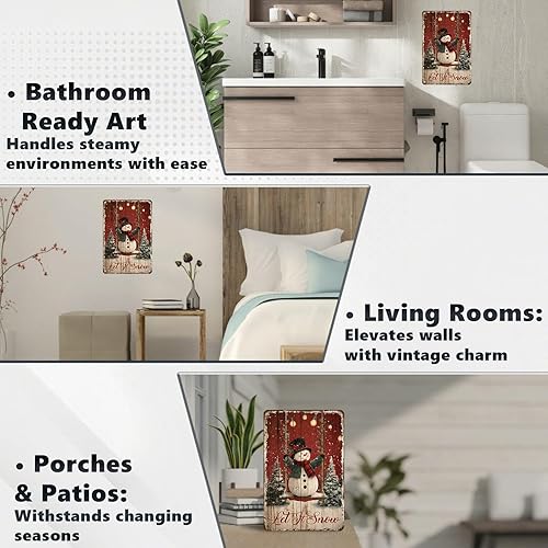 Miniatura 5 de Cartel de hojalata retro con texto en inglés "Let it Snow" para Navidad, invierno, vintage, muñeco de nieve, póster de metal divertido para puerta