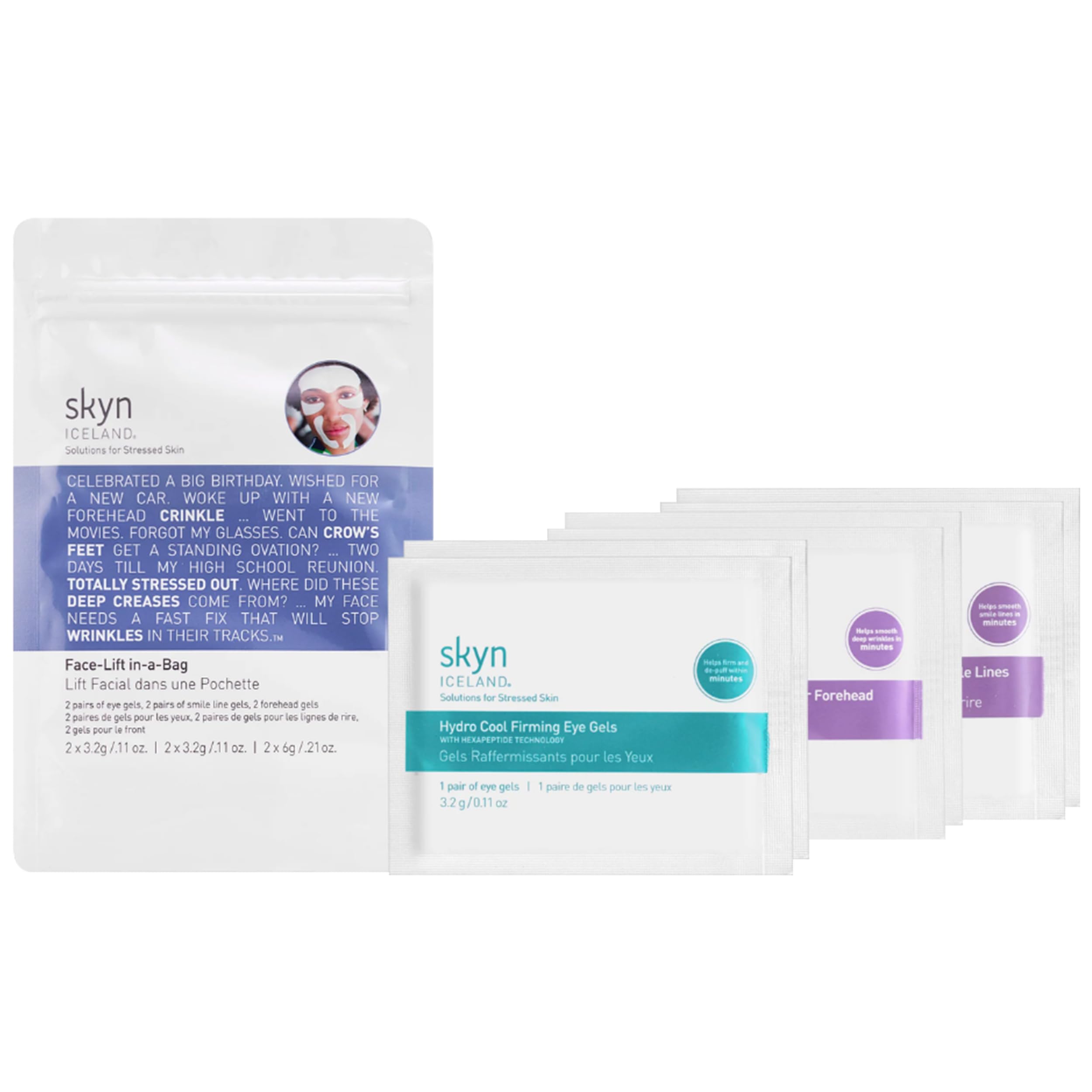 Facelift in-a-Bag, Firming Hydrogel Masks for Forehead, Smile Lines and Under Eyes. Cooling Gel Facial Patches with Peptides and Coenzyme Q10. Treatment for All Skin Types, Vegan, 6 Pcs.