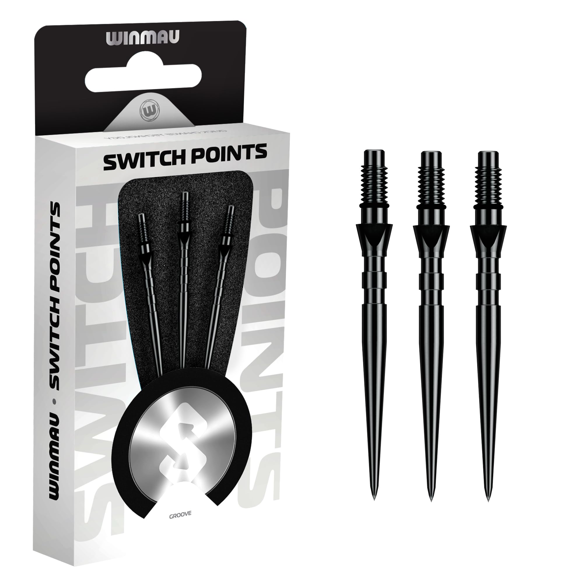 WINMAU - Switch Points - Carbon Steel Tip - Threaded Rapid-Change Mechanism - 1 Set per Pack - Groove Black Effect 26mm - Professional Darts Accessories