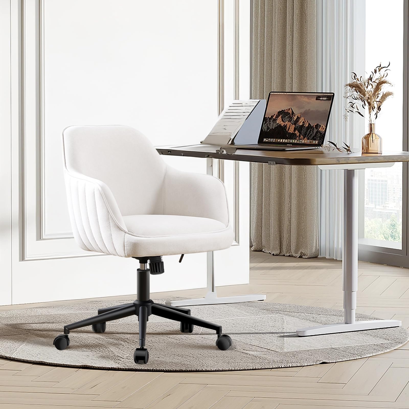 BERYTH Bürostuhl Homeoffice Samt Schminktischstuhl bis 136 kg Belastbar Ergonomischer Höhenverstellbar Drehstuhl 360° Drehbarer Schreibtischstuhl Leisen Rollen Studierzimmer Schlafzimmer Heimbüro Weiß