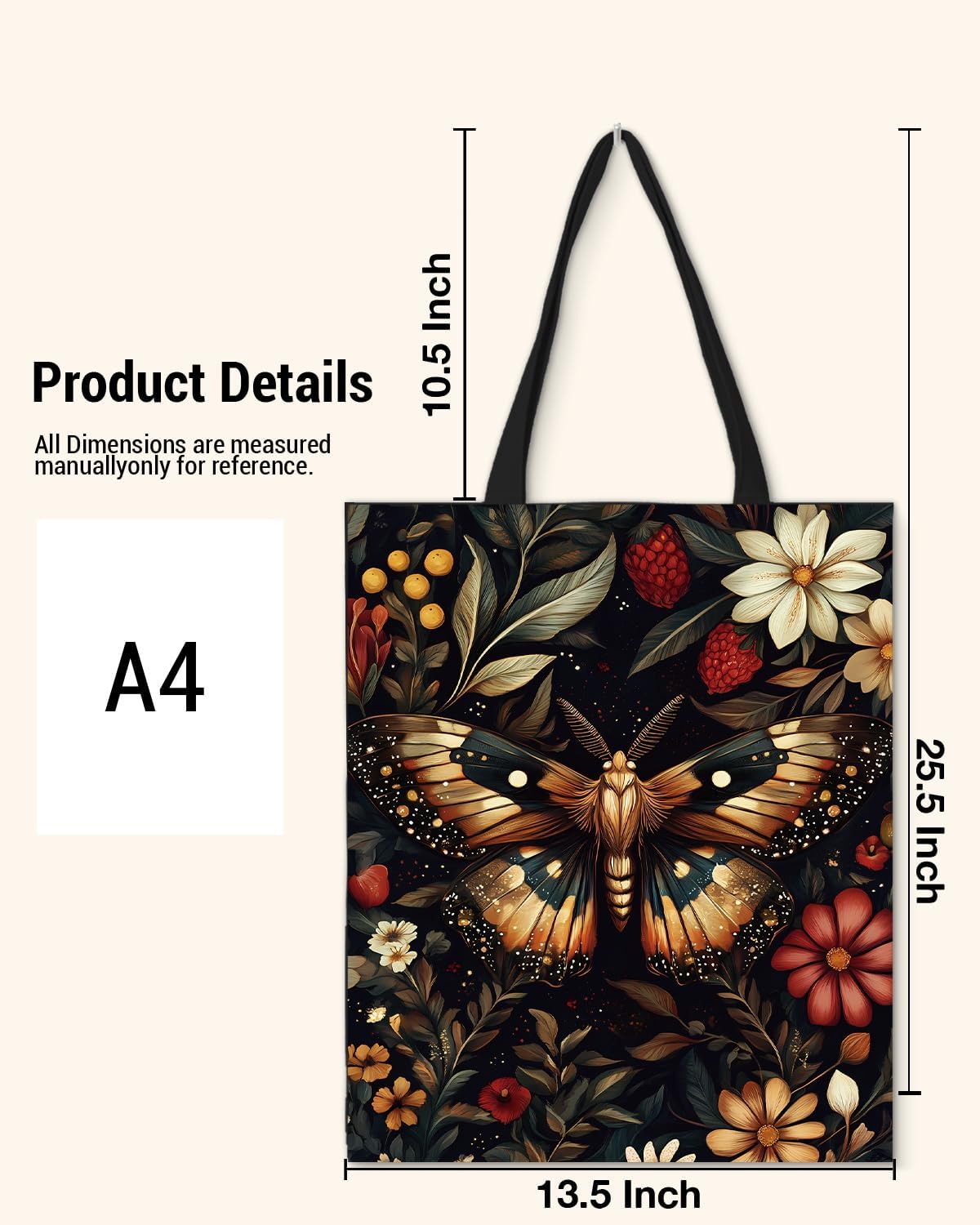 Witchy Butterfly Print Canvas Tote Bag for Women Floral Butterfly Dark Academia Reusable Grocery Shoulder Bag for Shopping Work Beach Gym Aesthetic Totes Gifts - Image 6