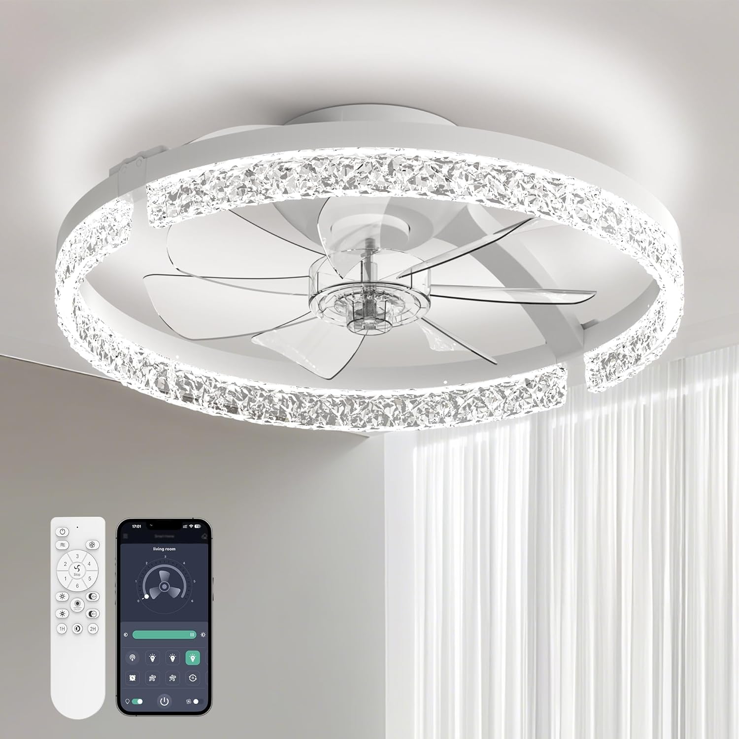 Ceiling Fans with Lights and Remote Low Profile Flush Mount LED Ceiling Fan with Lights 3000K-6500K Dimmable Foldable Fandelier Light 6 Wind Speeds Night Light for Bedroom Living Room White