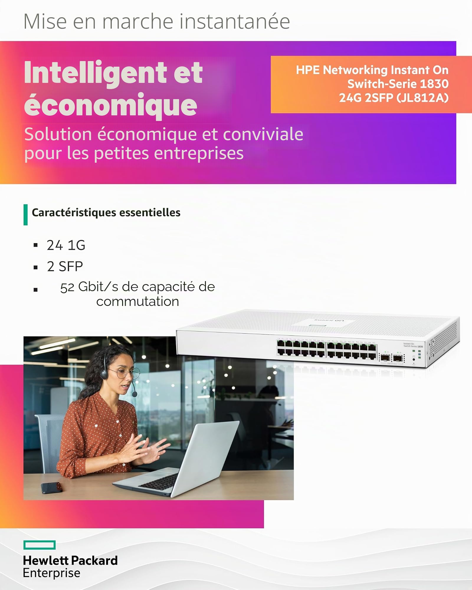 Aruba Instant on 1830 Commutateur Ethernet 24 Ports GB Smart Managed Couche 2 | 24 x 1G | 2 x SFP | sans Ventilateur | Câble UE (JL812A#ABB)