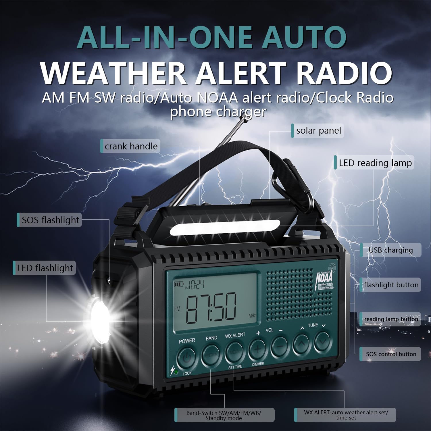 Radio meteo a manovella di emergenza con avvisi automatici NOAA e onde corte, 5000mAh | Ricarica solare, AM/FM/SW, torcia, lampada da lettura, allarme SOS, caricatore del telefono, orologio e ampio display LCD