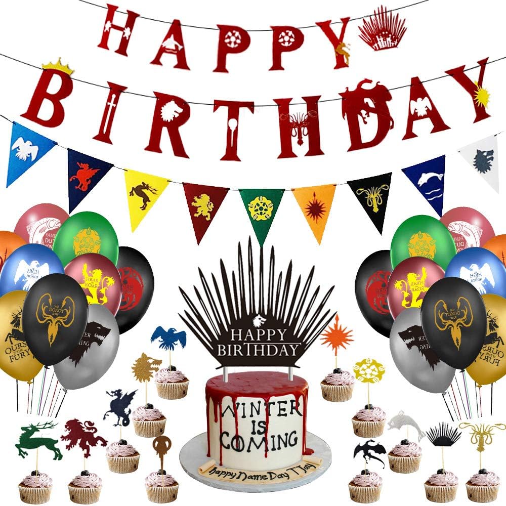 Games of Thrones Birthday Banner, GOT Banner, Cake and Cupcake Toppers, Balloons for GOT Birthday Party Supplies Decorations, 63PCS IN ALL