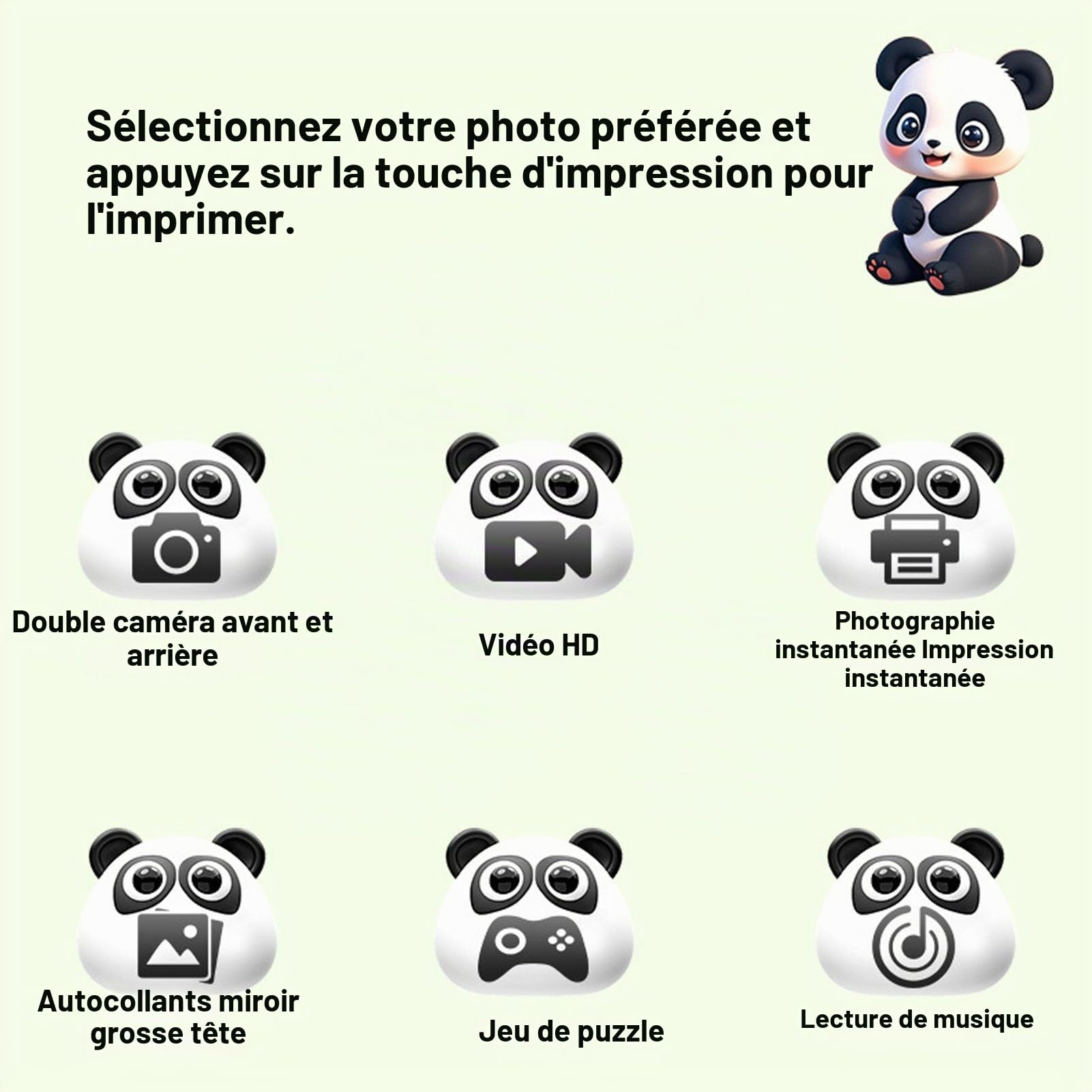 Lazmin112 Appareil Photo Instantané, Double Objectif HD, 48MP 16x Zoom Numérique, Appareil Photo Instantané 1080P Selfies, avec Papier d'impression, Filtres Autocollants, Musique (Panda Vert)