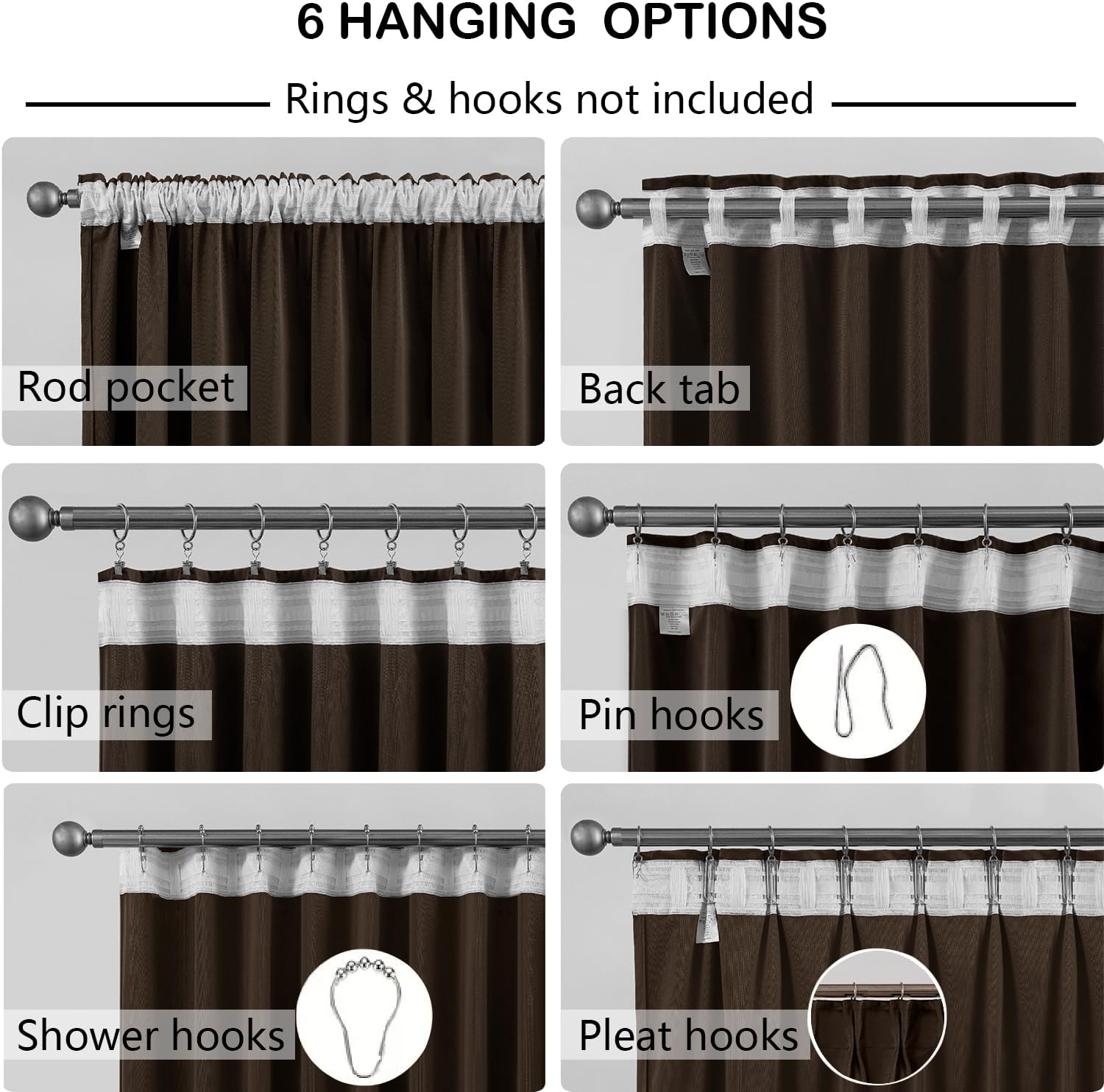 SMILETIME 52" x 108" Brown Back Tab Curtains, 2-Panel Set Rod Pocket & Pinch Pleat Design Light-Filtering & Thermal Insulation Ideal for Living Room, Bedroom & Office Windows
