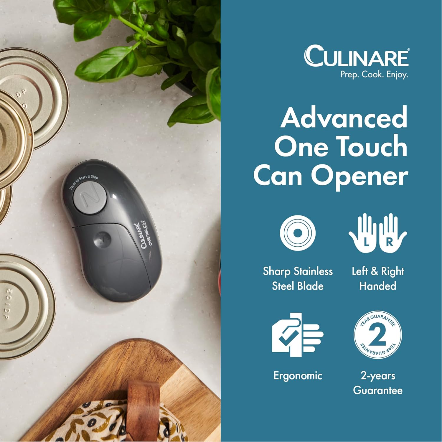 Culinare One Touch Electronic Tin Opener, Grey, Plastic/Stainless Steel, Automatic Can Opener, Battery Operated/Hands-Free Use/Magnetic Lid Removal, Batteries Not Included