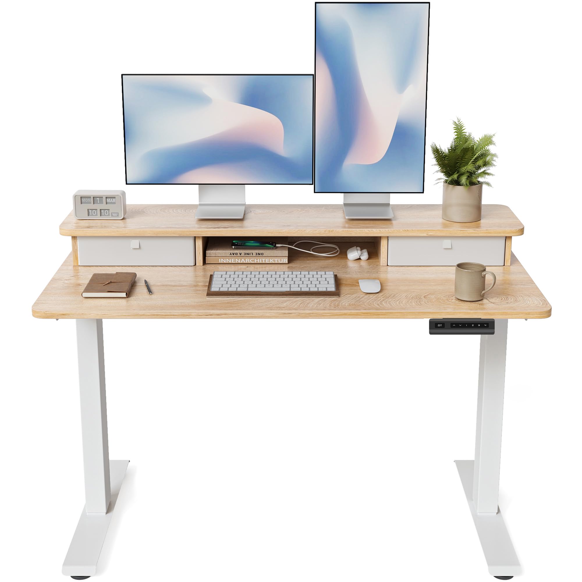 FEZIBO Electric Height Adjustable Standing Desk, 120x60cm, with Double Drawers and Storage Shelf, Maple — image 1