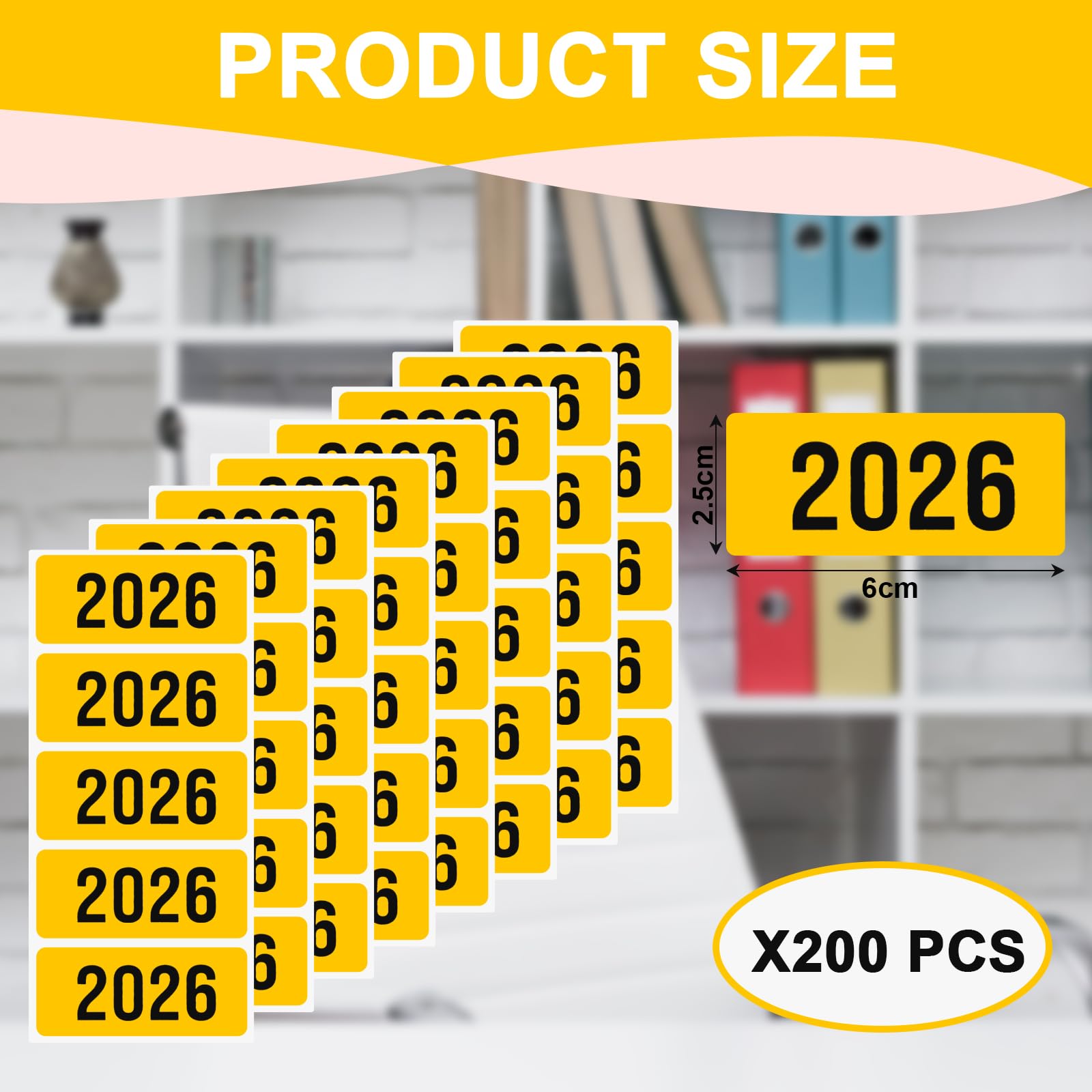 200 stuks jaargetallen stickers 2026, 6 x 2,5 cm, zelfklevend jaartal etiketten voor mappen, documenten en opbergruimte - jaargetallen stickers 2026 voor mappen (geel