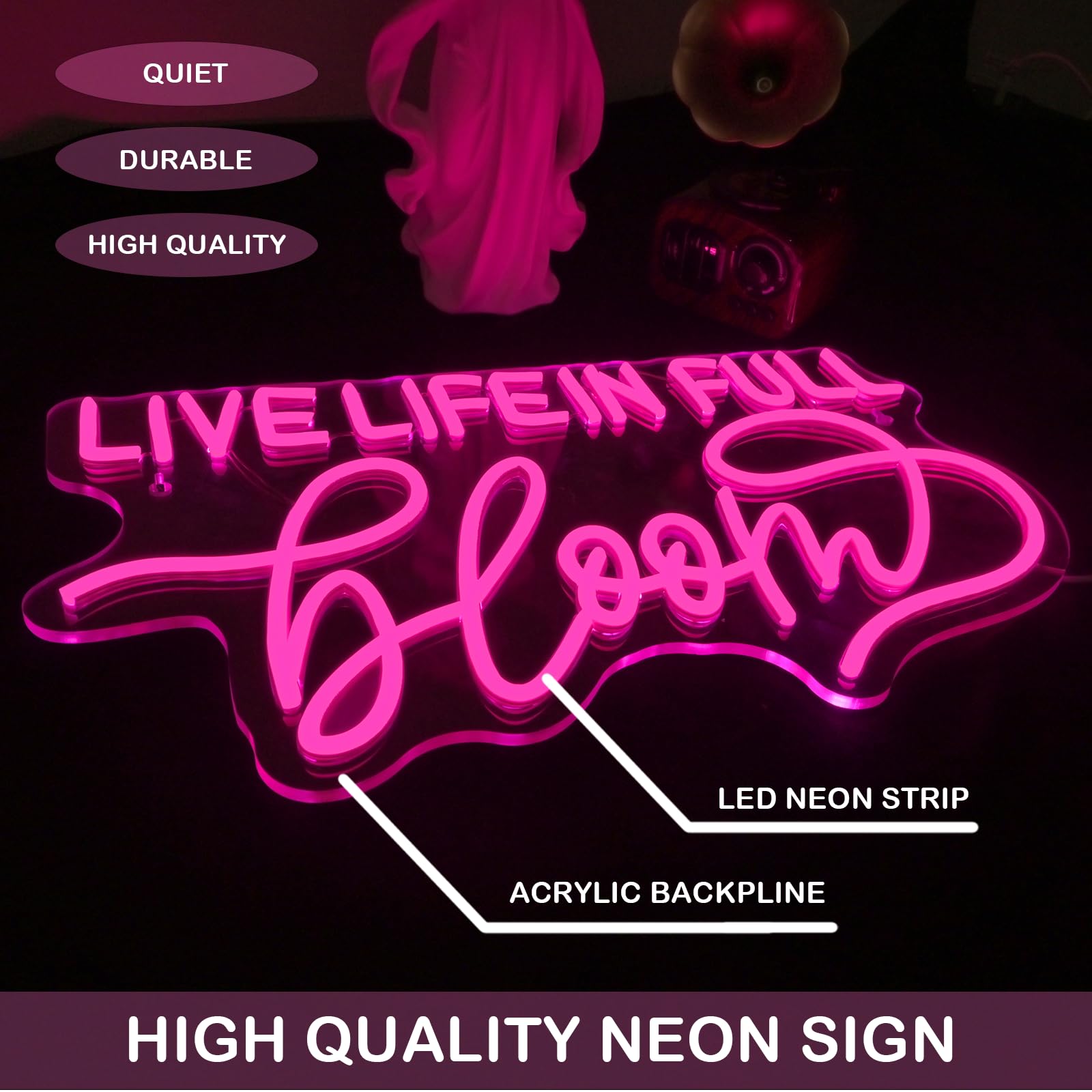 Live Life In Full Bloom Neonschild, LED-Neonlicht, Wanddekoration für Hochzeit, Brautparty, Party & Fotoshooting, beleuchtetes Schild für Zuhause, USB dimmbar