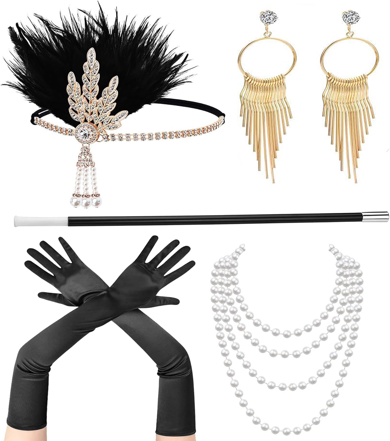 1920s Flapper Accessories Set for Women,Great Gatsby Accessories 20's Flapper Theme Set Headband Gloves Necklace - Image 2