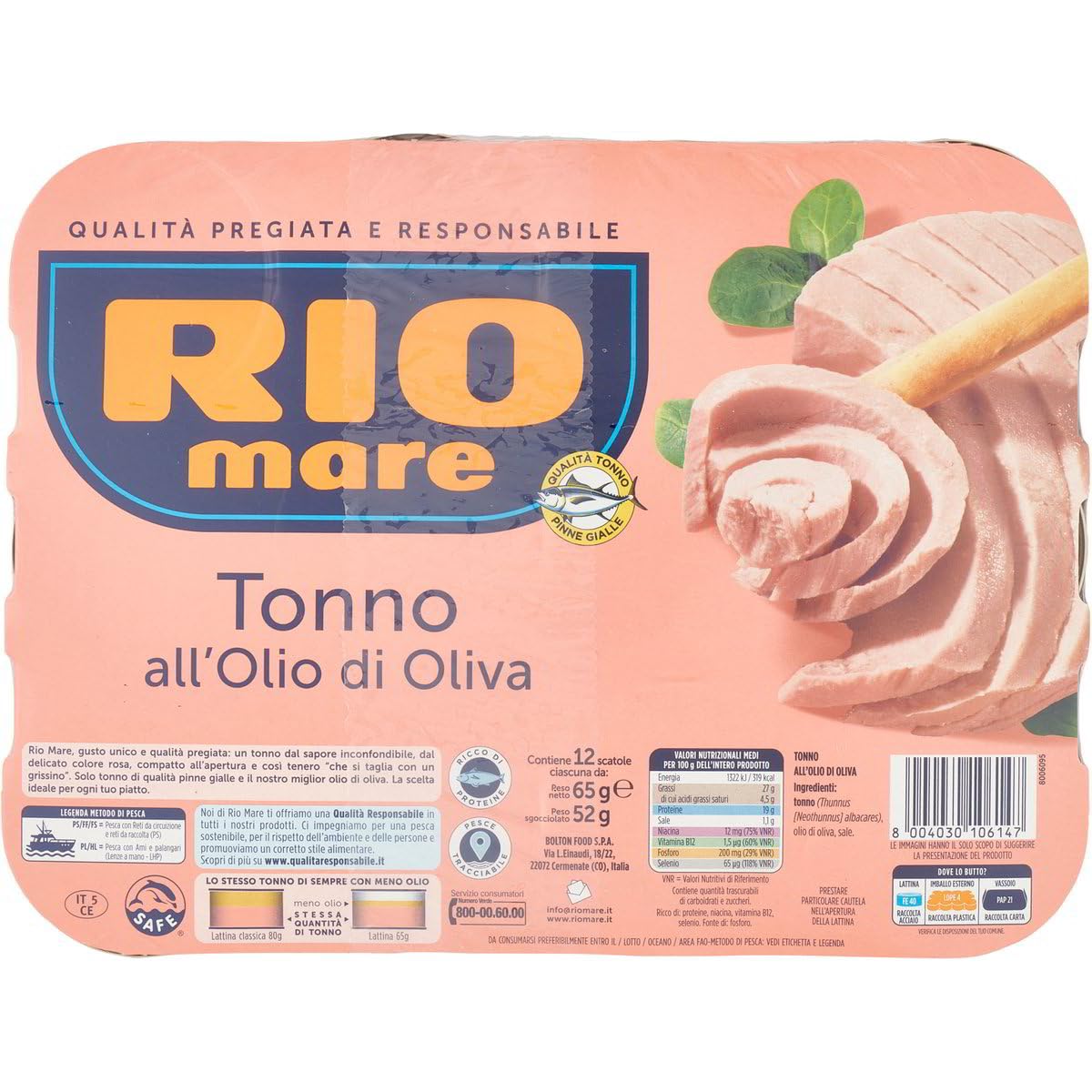 Italian Gourmet Tonno all'olio di oliva 48 x 65g Thunfisch Dosen Portionen | Filetti teneri in Öl, aromatisch und praktisch für Salat, Sandwich oder, Gesamtnettogewicht 3,12 kg + Kostenlos Polpa 400g