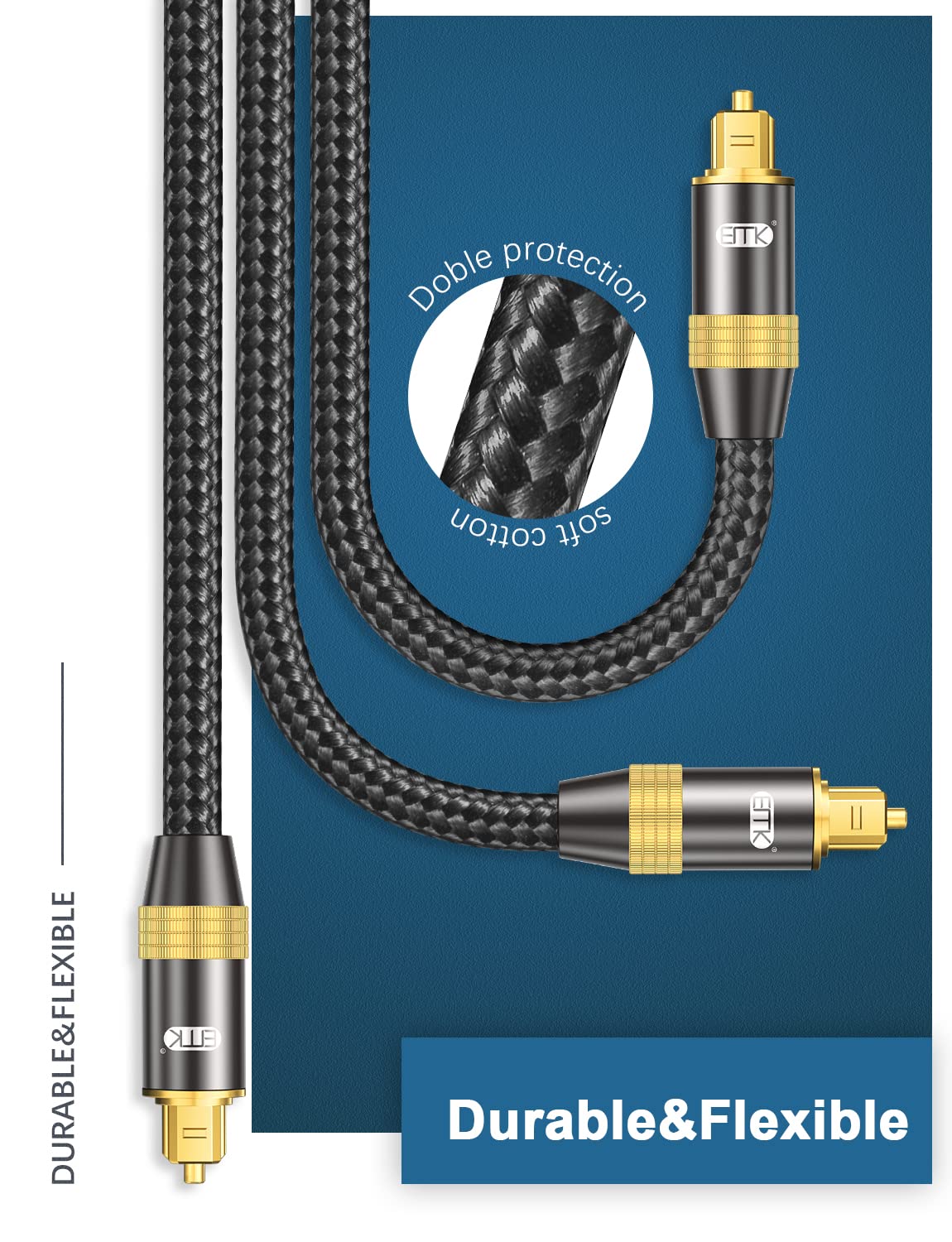 EMK Optical Audio Cable Digital Toslink Cable 24K Gold-Plated Nylon Braided S/PDIF Cable for Home Theater, Sound Bar, TV, PS4, Xbox, PlayStation (26Feet/8M)