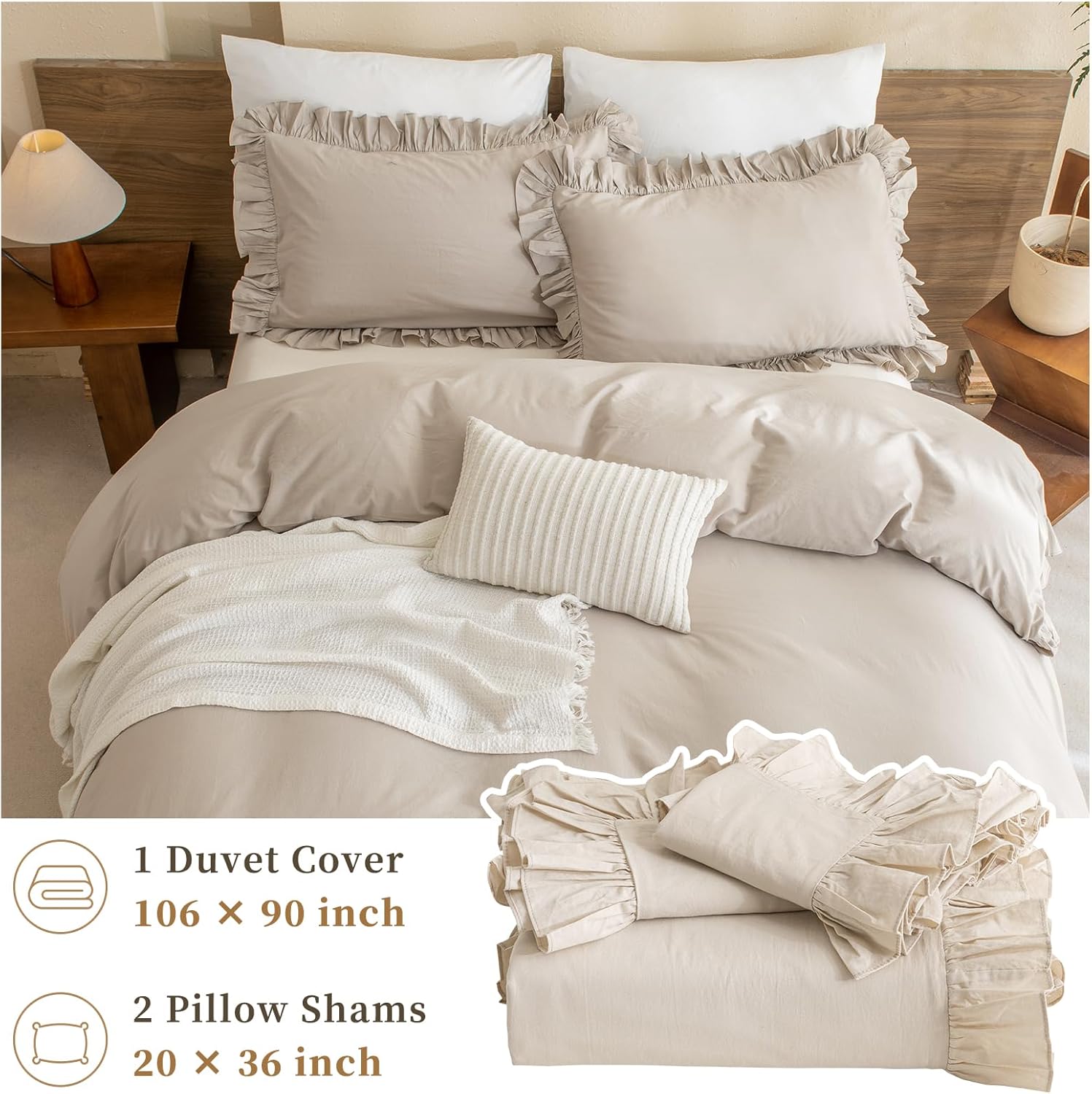 QSH Washed Cotton Duvet Cover King Ruffle Duvet Cover Linen Textured Farmhouse Shabby Vintage Chic Bedding Comforter Cover 3 PCs Aesthetic French Country Vintage King Bedding