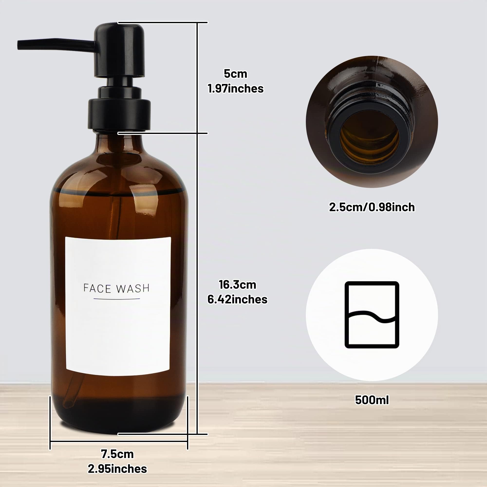 Set di 3 dispenser di sapone in vetro ambrato da 500 ml, con 22 etichette bianche, contenitore per bottiglie di liquido da bagno con pompa nera