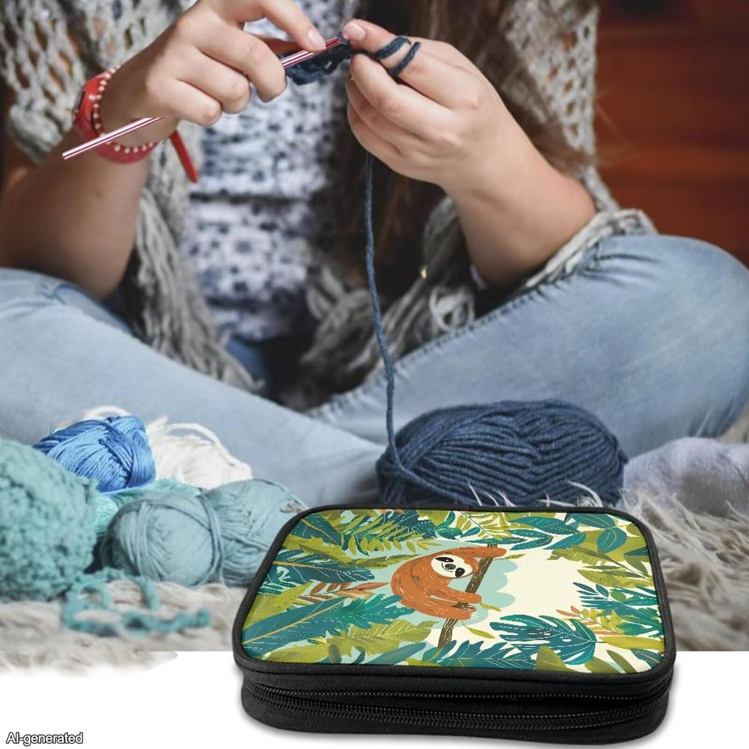 Noprintge Cartoon Sloth Print Crochet Hook Organizer, Travel Knitting Needles Storage Bag Holder Case Without Hooks and Accessories, Lightweight, Easy to Hold image 2