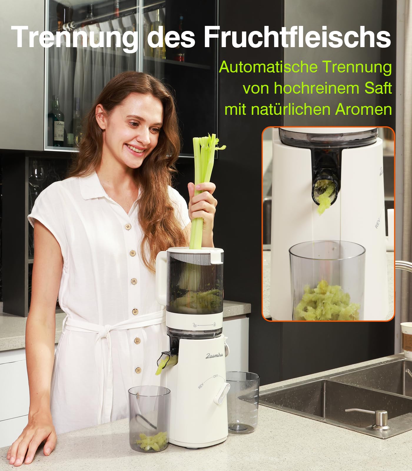Zasmira Slow Juicer 120 mm Breiter Einfüllschacht Hohe Saftausbeute Gemüse Obst Weiß