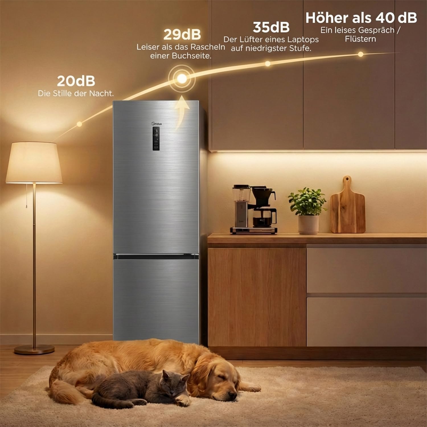 Midea 378L Kühlschrank mit Gefrierfach,201cm,29dB,EEK A,NoFrost,DualCooling | Inverter Kompressor, Metal Cooling, 256L Kühlteil+122L Gefrierteil, 113 kWh/Jahr, Frischezone,180° flip shelf