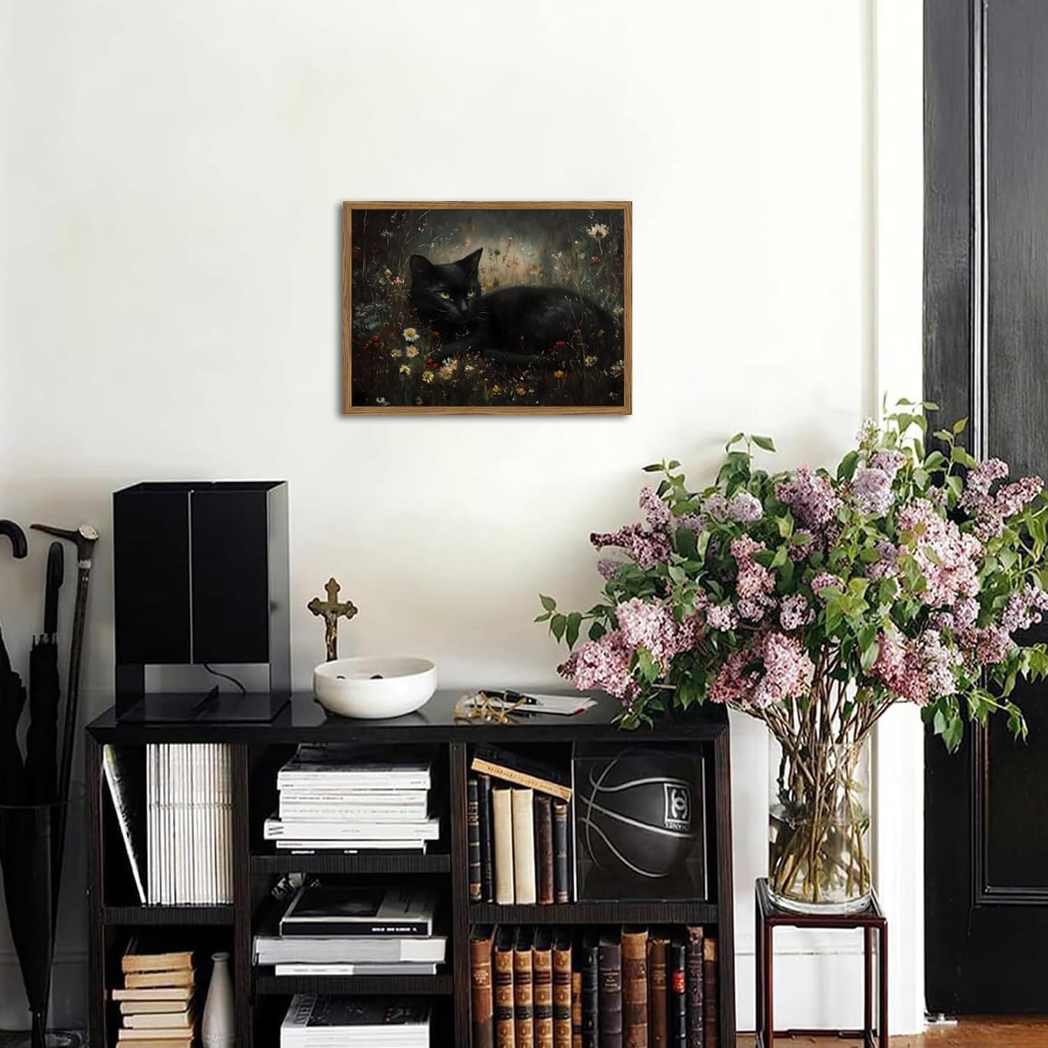Framed Vintage Black Cat Canvas Wall Art, Gothic Dark Academia Cat Pictures Wall Decor, Moody Floral Animal Paintings Prints Cottagecore Home Decor for Living Room Bedroom Bathroom 12x16 inch