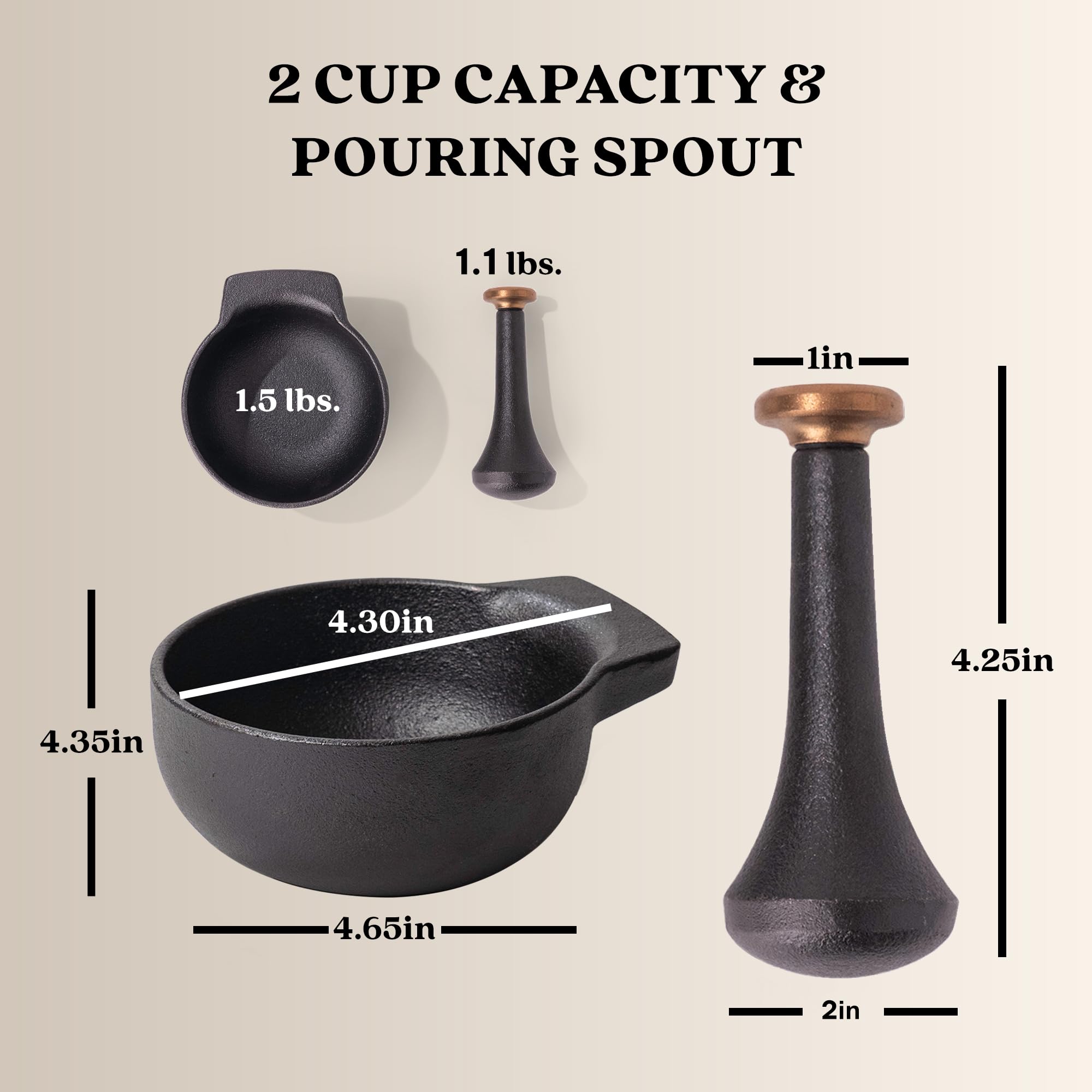 Alva Nori Enameled Cast Iron Mortar & Pestle Set - 2-Cup Heavy Duty Spice Grinder with Textured Interior - Durable Kitchen Tool for Guacamole, Herbs, Pesto, 4" Black Non-Toxic - Image 7