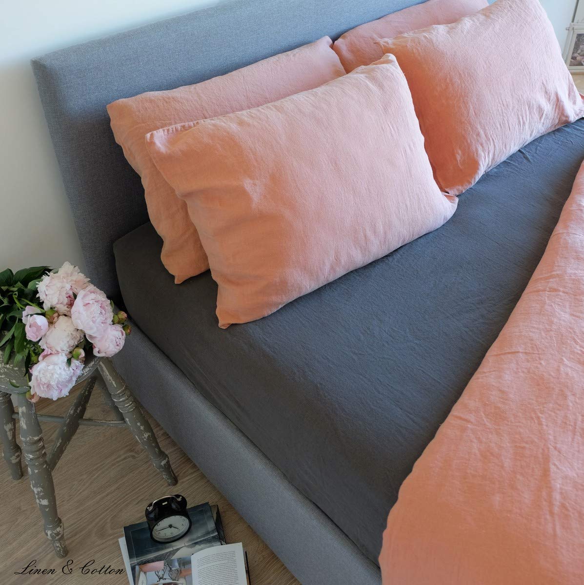 Linen & Cotton Alicia miękkie w dotyku prześcieradło z gumką – 100% len, sprane, węgiel drzewny, szare (150 x 200 cm) prześcieradło lniane, na łóżko, podwójne łóżko