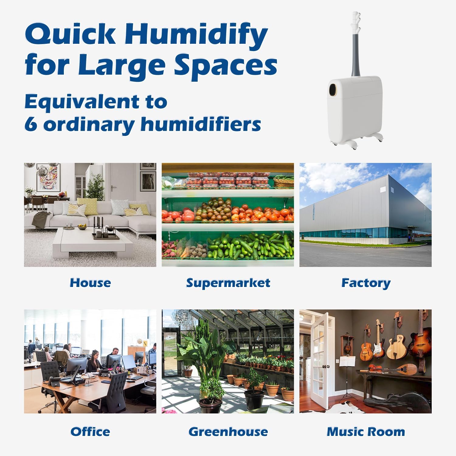 Lacidoll humidifier suitable for various large spaces including homes, commercial, and industrial environments.