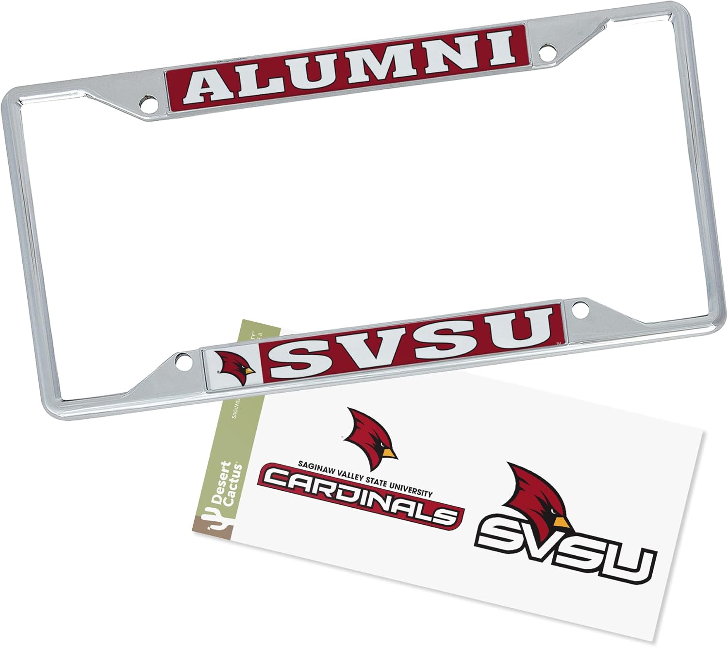 Desert Cactus Saginaw Valley State University Car Accessories Metal License Plate Frame and Sticker for Front or Rear of Car (Sticker Frame Combo - Alumni)
