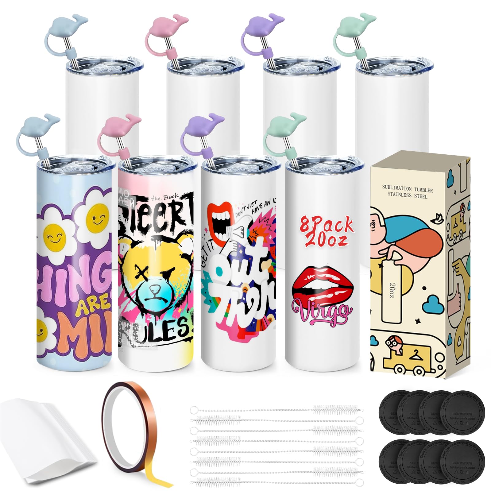 Goanueei Sublimation Tumblers Bulk Skinny Straight Tumbler Blanks 20oz, 8 Pack Individual Gift Boxed, Double Wall Insulated Tumbler for Heat Transfer with Shrink Wrap Films, Straws, Adhesive Tape