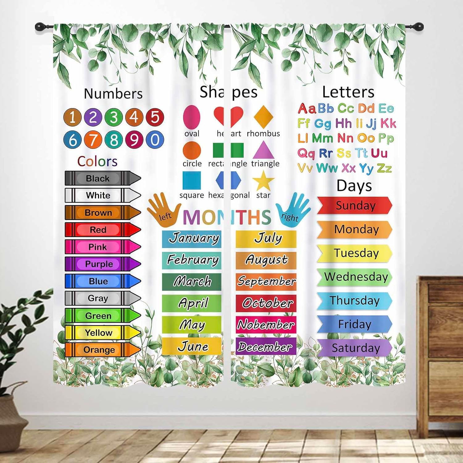 ABC Alphabet Classroom Curtains,Rustic Green Eucalyptus Leaves Plant Funny School Education Learning Tools Toddler Baby Bedroom Living Room Back to School Window Drapes 2 Panels,63X63 Inch