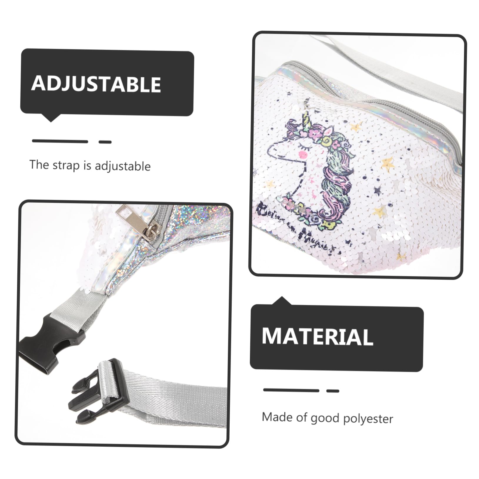 3stücke Sequin Bauchtasche Für Damen Verstellbarer Sportgürtel Für Fitness Festivals Und Reisen Glänzende Cartoon-Tasche Für Handy Und Essentials Weiß