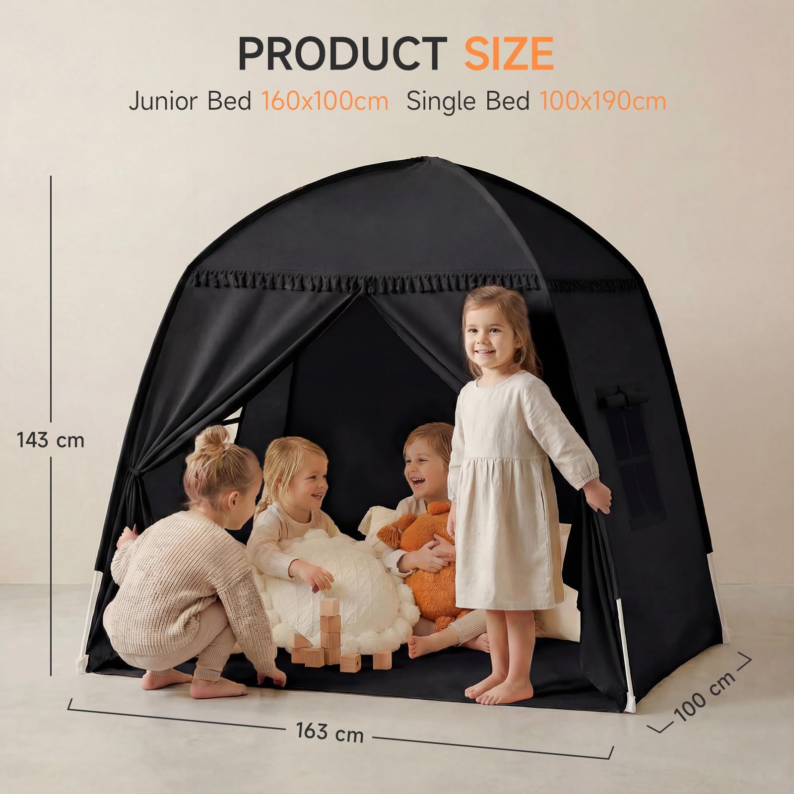 Tienda de campaña para habitación infantil: gran casa de juegos para interiores, portátil y plegable, para cama individual y litera, cueva para niños y niñas (negro)