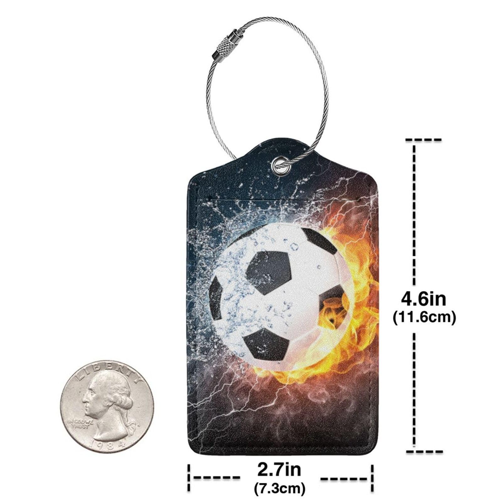 Paquete de 2 etiquetas de equipaje para maletas, etiqueta de equipaje de balón de fútbol, etiqueta de cuero de acero inoxidable para hombres y mujeres, bolsa de viaje (fútbol)