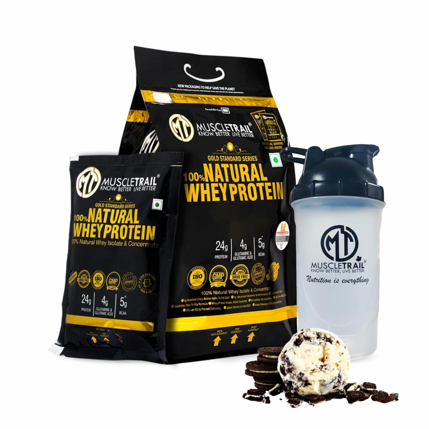 MuscleTrail Gold Standard Series, Low Carb & Fat, 24G Natural Whey Protein Powder, Shaker Inside (60 Serving, Cookies and Cream)
