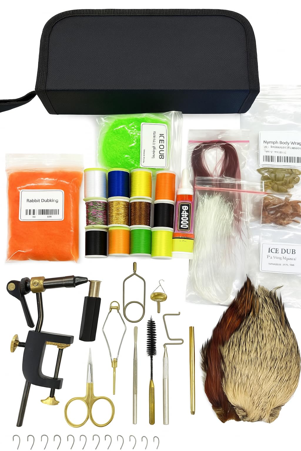 Olax complete Fly Tying kit in a carry case,Vise, hooks,icedub,feathers,titanium bobbin holder,scissors,tinsel,floss,threads