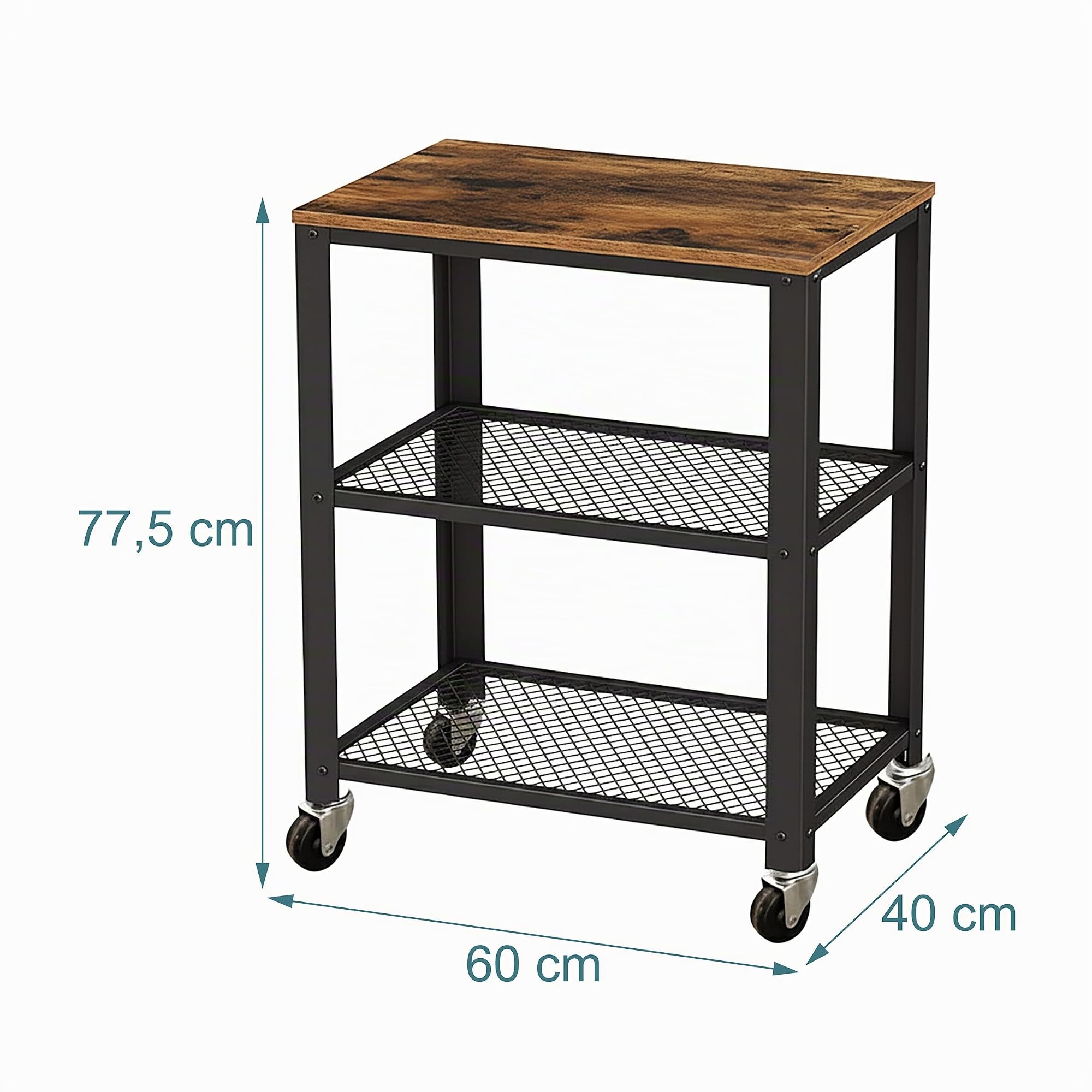 Relaxdays Desserte 3 Niveaux Aspect Bois à roulettes, Cuisine/Maison/Bureau, H×L×P 77,5×60×40 cm métal Brun-Noir