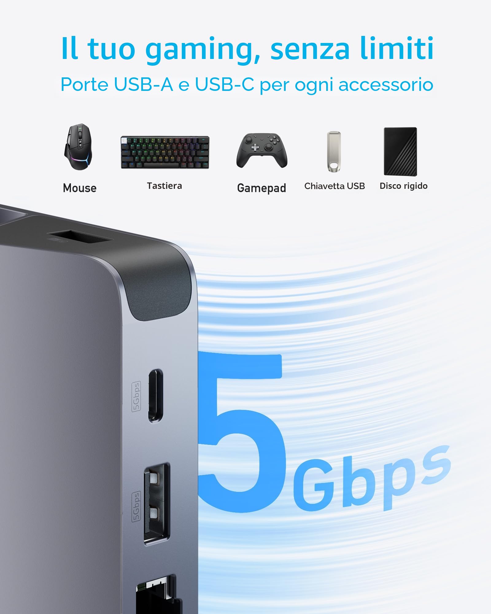 Docking Station per Steam Deck/ROG Ally 6-in-1 di Anker, Hub USB-C con HDMI 4K@60Hz, Ethernet 1Gbps, 2 Porte USB-A e 1 USB-C, Ricarica Rapida 100W(Grigio) | Docking station per Steam Deck (OLED)/ROG Ally/Legion Go, Hub USB C 6 in 1 con HDMI 4K@60Hz, 1Gbps