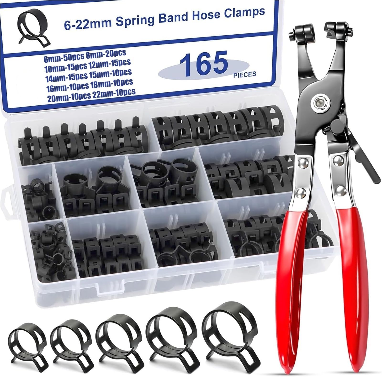 Schlauchschellen Aus Edelstahl 165 Stück 6–22 mm Federwasser-Schlauchschelle for Bandschelle, Metall-Befestigungs-Sortiment-Set + Zange