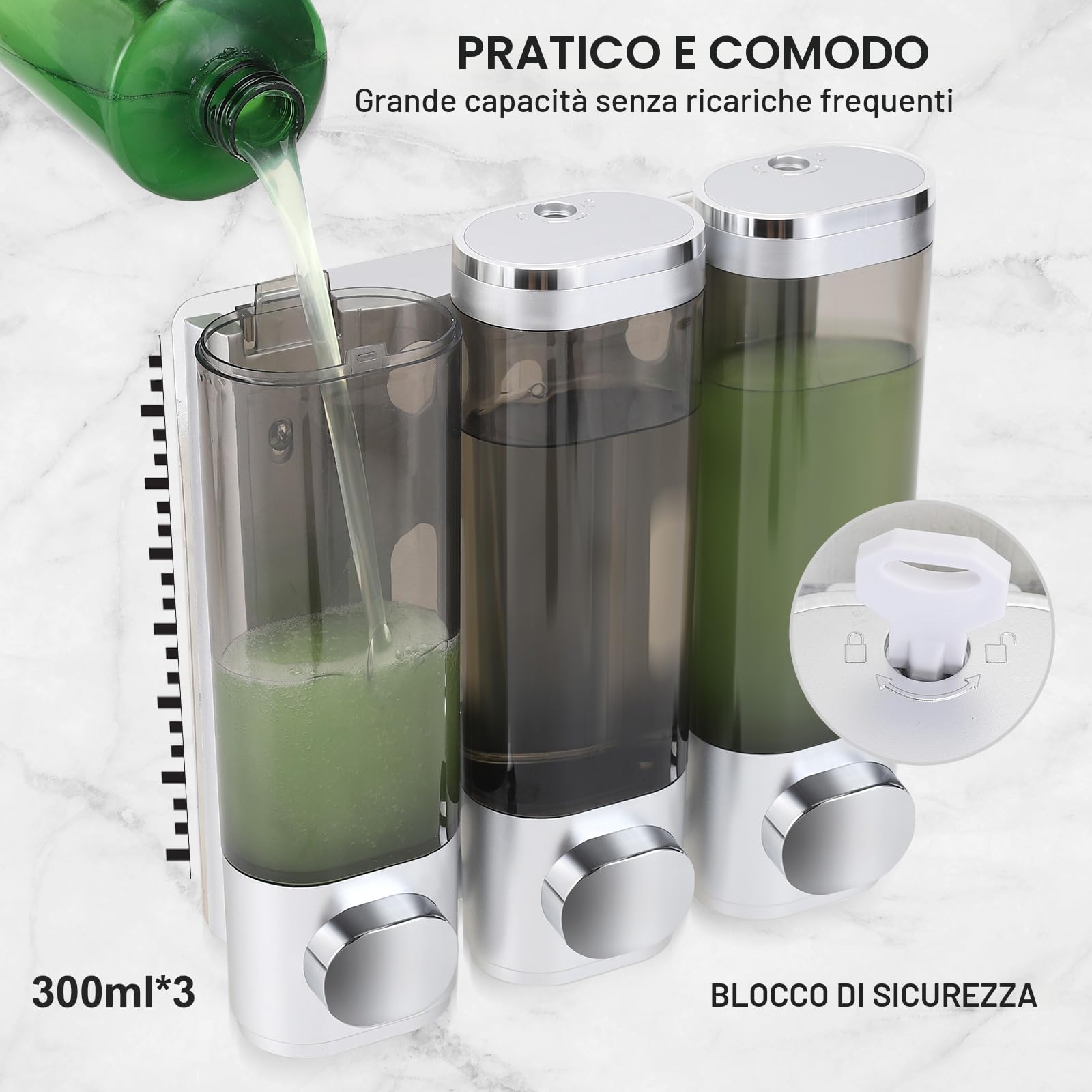Set di 3 dispenser per sapone, fissaggio a parete, senza foratura, distribuzione uniforme del liquido, anti-perdite, adatto per shampoo, gel doccia, sapone liquido, balsamo, argento