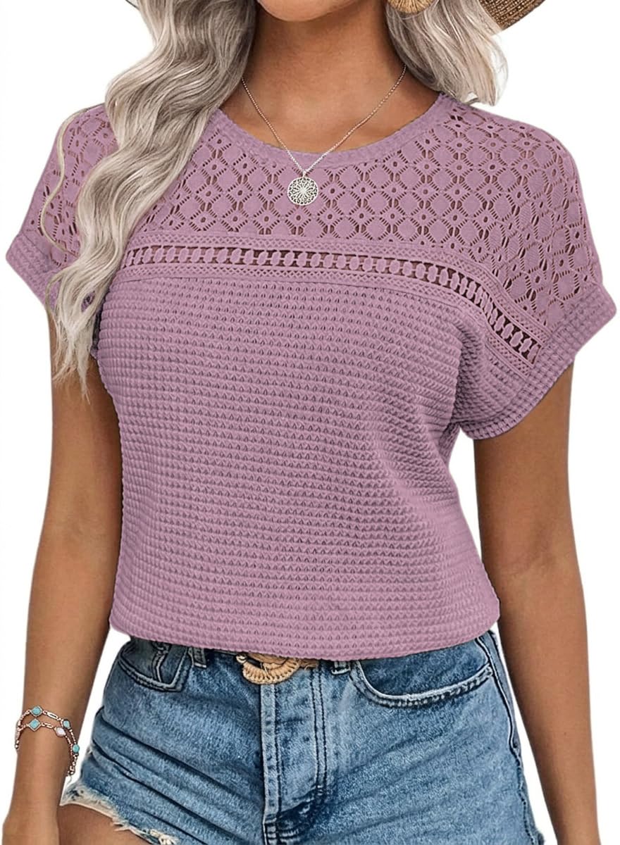 Chicrise Blouse Women's Elegant Short Sleeve Lace Tops Crochet Crew Neck T-Shirt Summer, purple, XXL