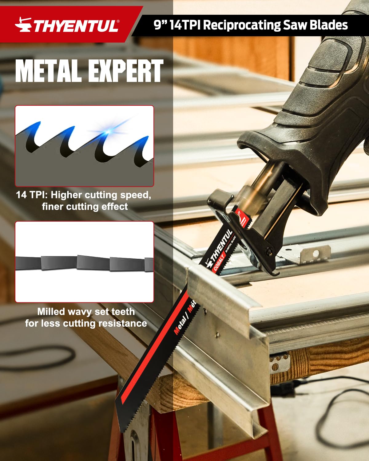 10 hojas de sierra alternante 14TPI de 9 pulgadas para corte de metal, dientes M42 con hojas de sierra bimetálicas de cobalto para tubos de metal, chapa de metal