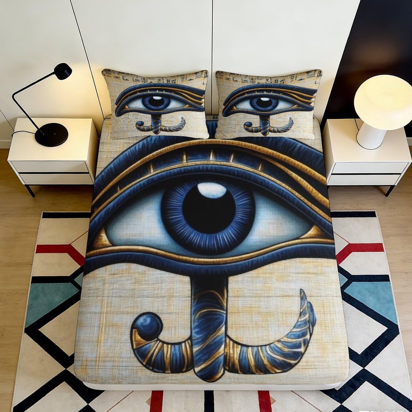 3D Printed Egyptian Eye of Horus Fitted Sheet Microfiber Soft Blue Gold Ancient Symbol Mattress Cover for Bedroom Decor 160x200x25cm