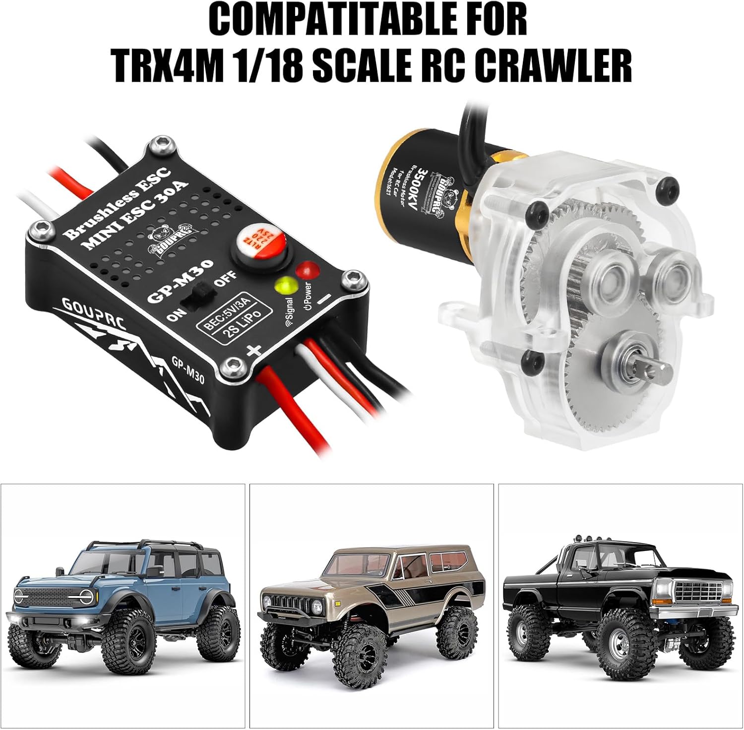 GOUPRC Upgrade 30A Brushless ESC & 1621 3500KV Outrunner Brushless Motor with Transmission Combo Kit for TRX4M 1/18 RC Car Crawler Buggy Truck