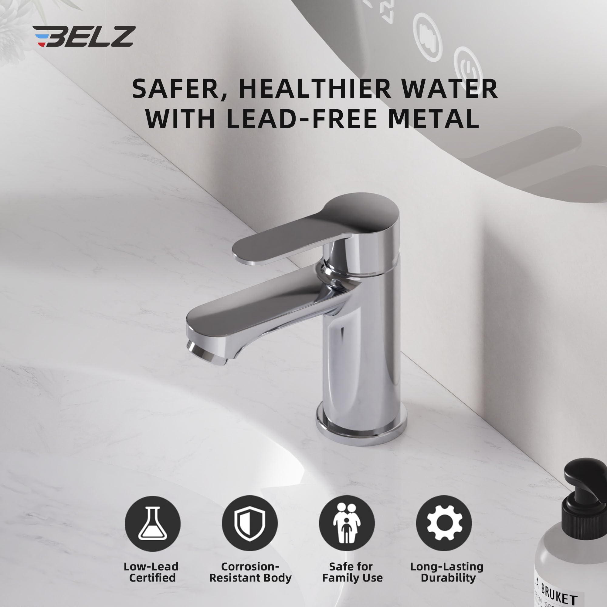 BELZ Grifo mezclador de lavabo moderno con desagüe emergente, grifo de baño con doble control de calor y frío, tecnología resistente a fugas, resistente al óxido para baños modernos