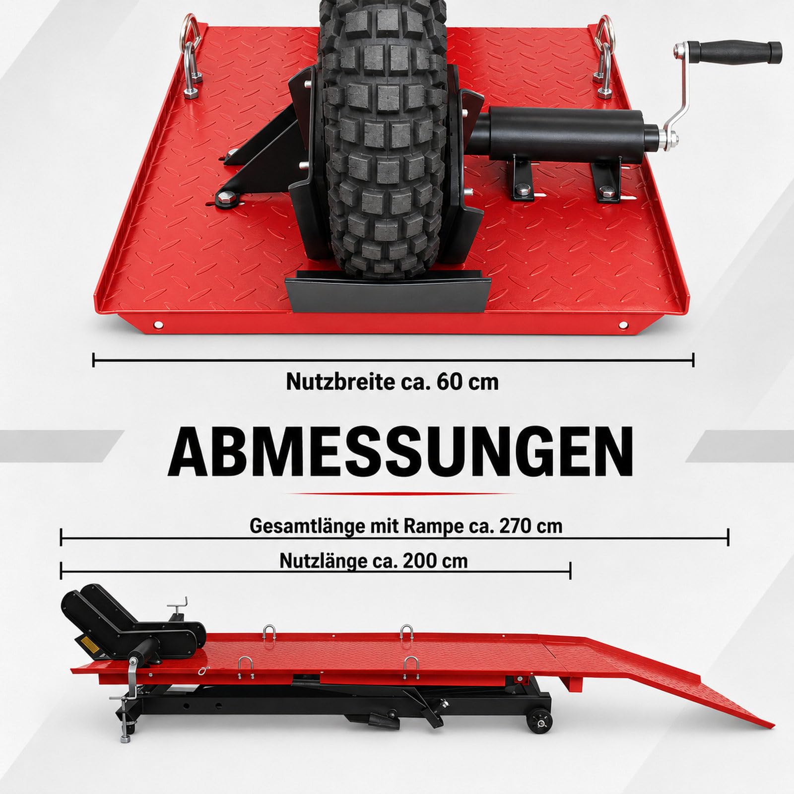 TRUTZHOLM Motorradhebebühne hydraulisch Tragkraft 560 kg Schwerlast Scherenheber Hubbereich 19-84 cm Nutzbreite 60 cm abnehmbare Auffahrrampe 4 Halteösen 45° Vorderradklemmung Hebebühne (Rot)