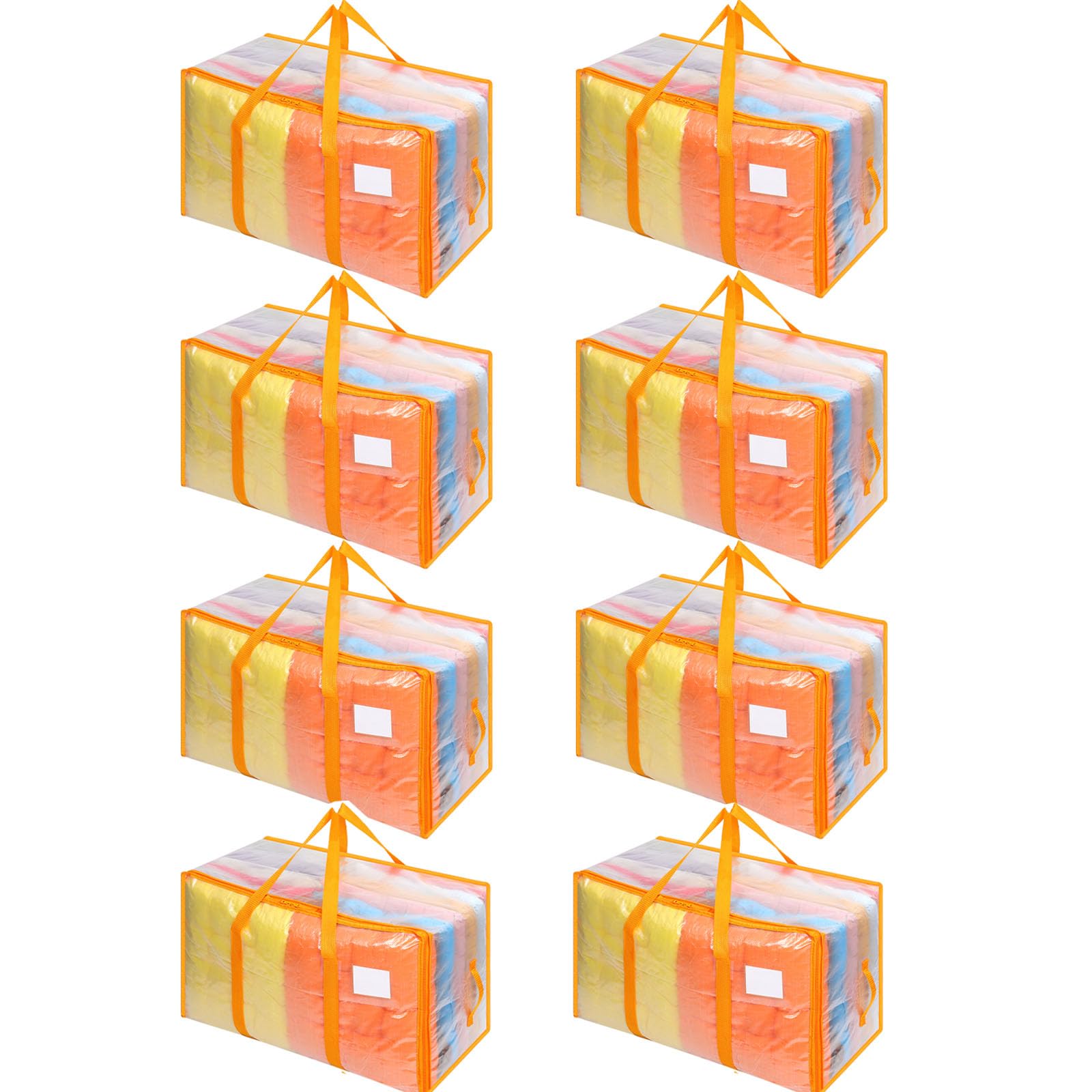 Dntorx 8 Pack 105L Clear Moving Bags Clothes Storage Bags Heavy Duty Moving Totes Packing Box with Zips for Clothes Bedding Duvet Toys Storage Orange