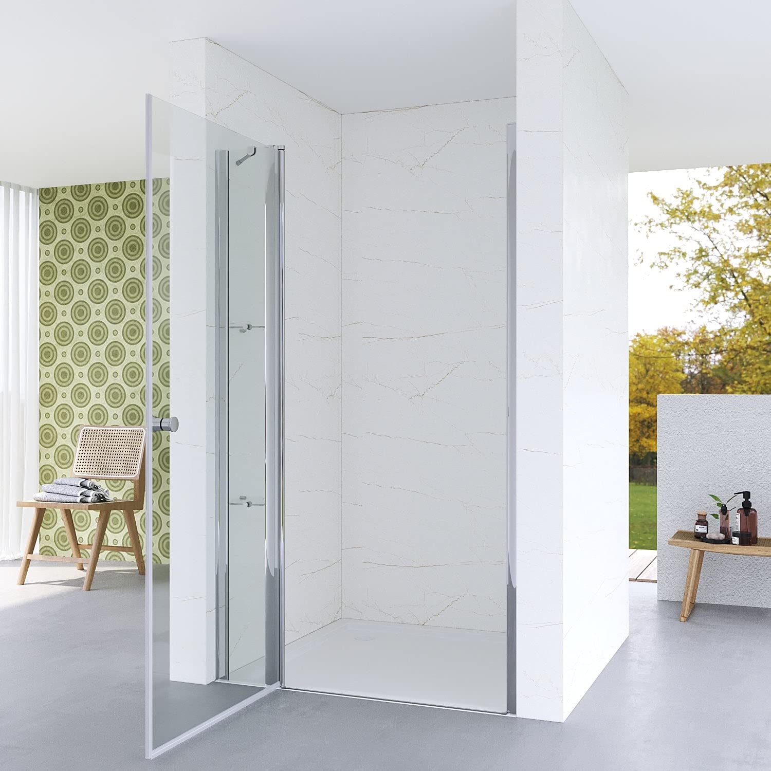 Duschtür 90 cm Nische Nischentür Dusche Duschabtrennung Glas Drehtür Pendeltür Schwingtür Glastür Duschkabine mit Duschablage aus 5mm ESG Sicherheitsglas Verstellbereich von 88-91 cm Höhe 187 cm