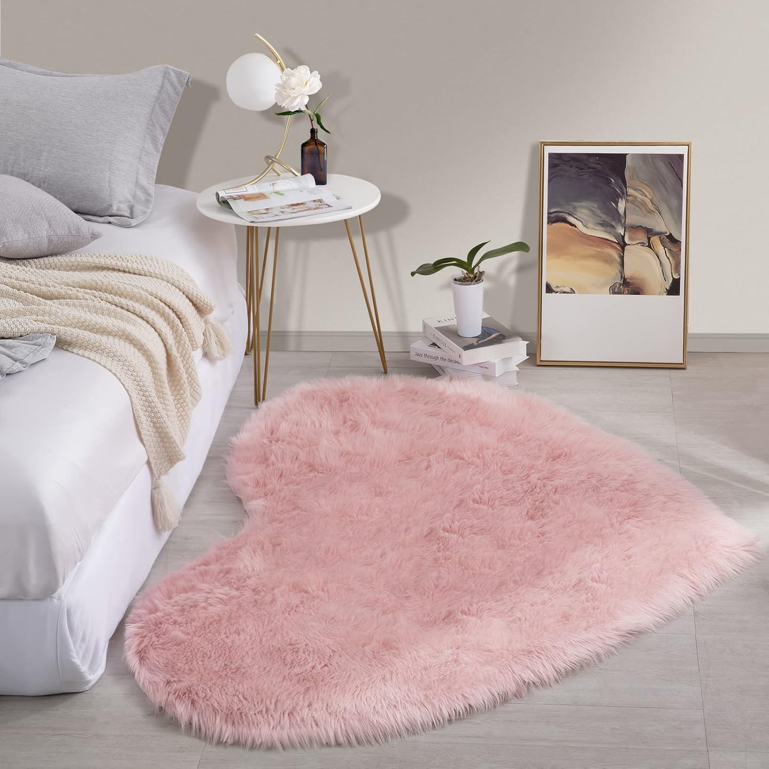 HOMBYS Fluffy 4x6 Faux Fur Heart Shaped Area Rug, Pink